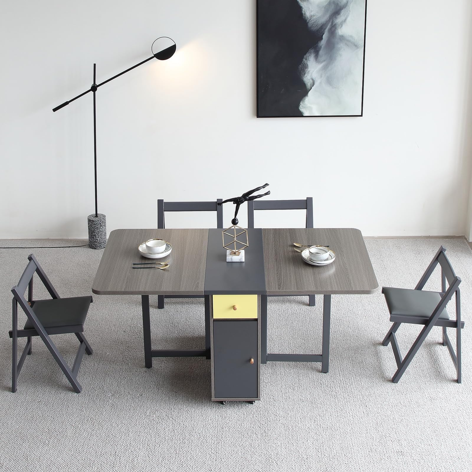 FUNROLUX Folding Dining Table and 4 Piece Folding Chair Set Grey Extendable Dining Table Holds 4 Chairs with Storage Rack and 2 Drawers
