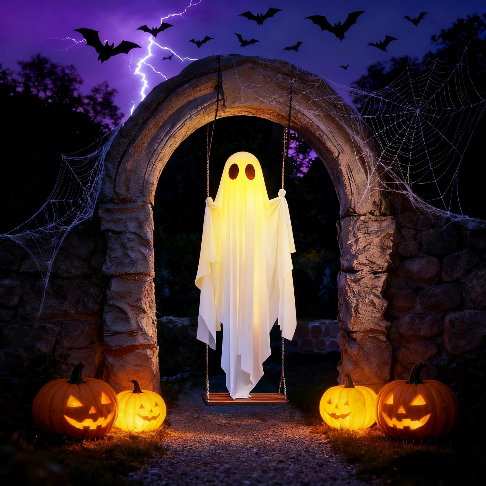 Decorazioni da appendere a forma di fantasma oscillante per Halloween, kit di decorazioni per albero spettrale con luci a corda, decorazione spaventosa per feste per esterni, giardino, cortile, prato