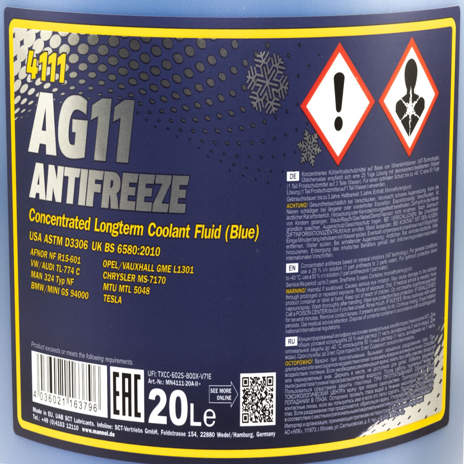 Kühlerfrostschutz Konzentrat MANNOL AG11 Longterm -40°C 20 Liter blau mit Auslasshahn