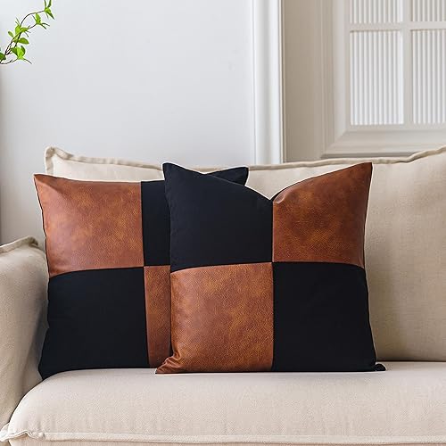 Juego de 2 fundas de almohada de lona de algodón puro de piel sintética color marrón, estilo bohemio, moderno, cuadrado, decorativo, 18 x 18