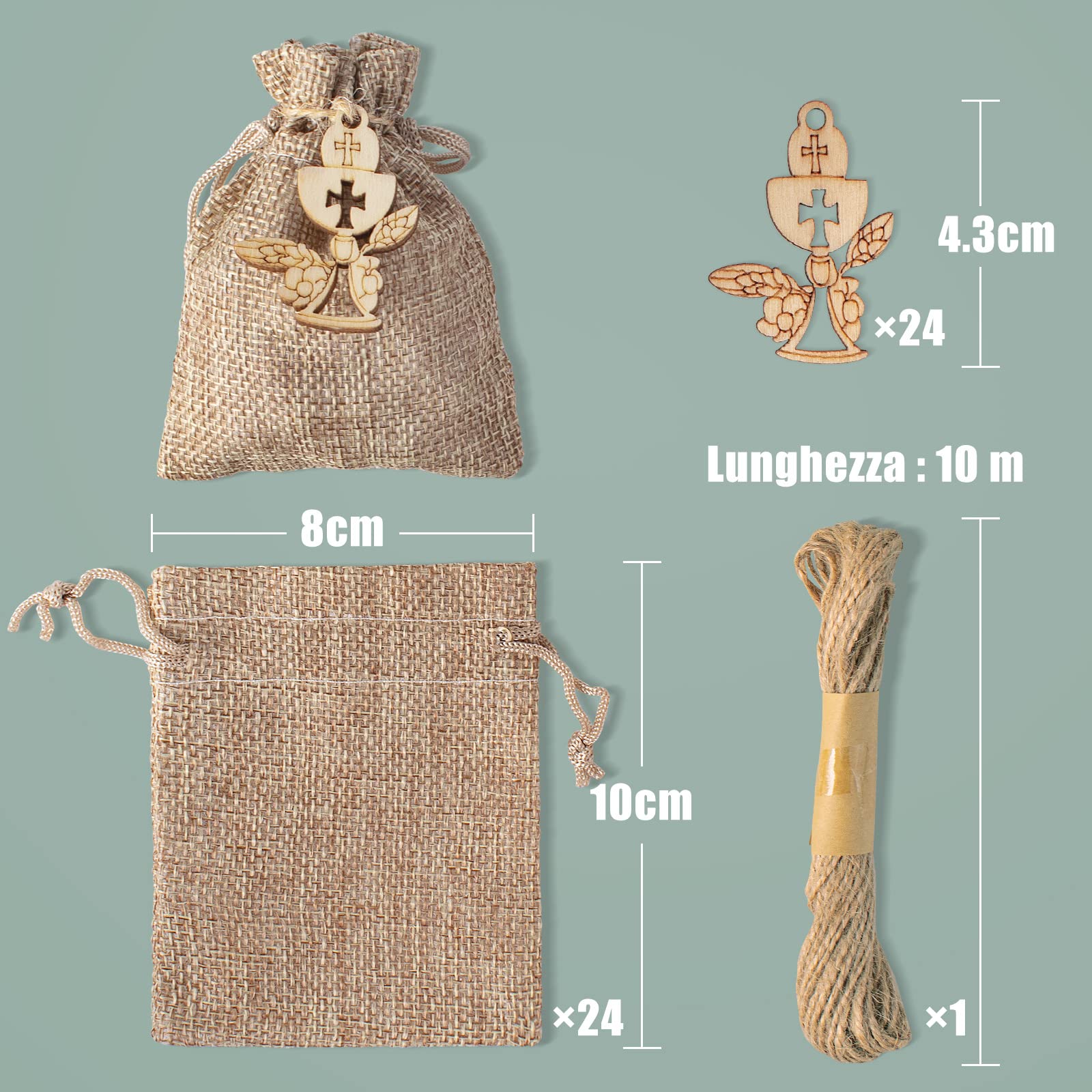 FORMIZON 24 Sacchetti Di Iuta Per Comunione Con Coulisse, Ciondoli In Legno (Crocifisso), Cartellini E Corda - Kit Bomboniere Per Cresima, Battesimo, Matrimonio - 2