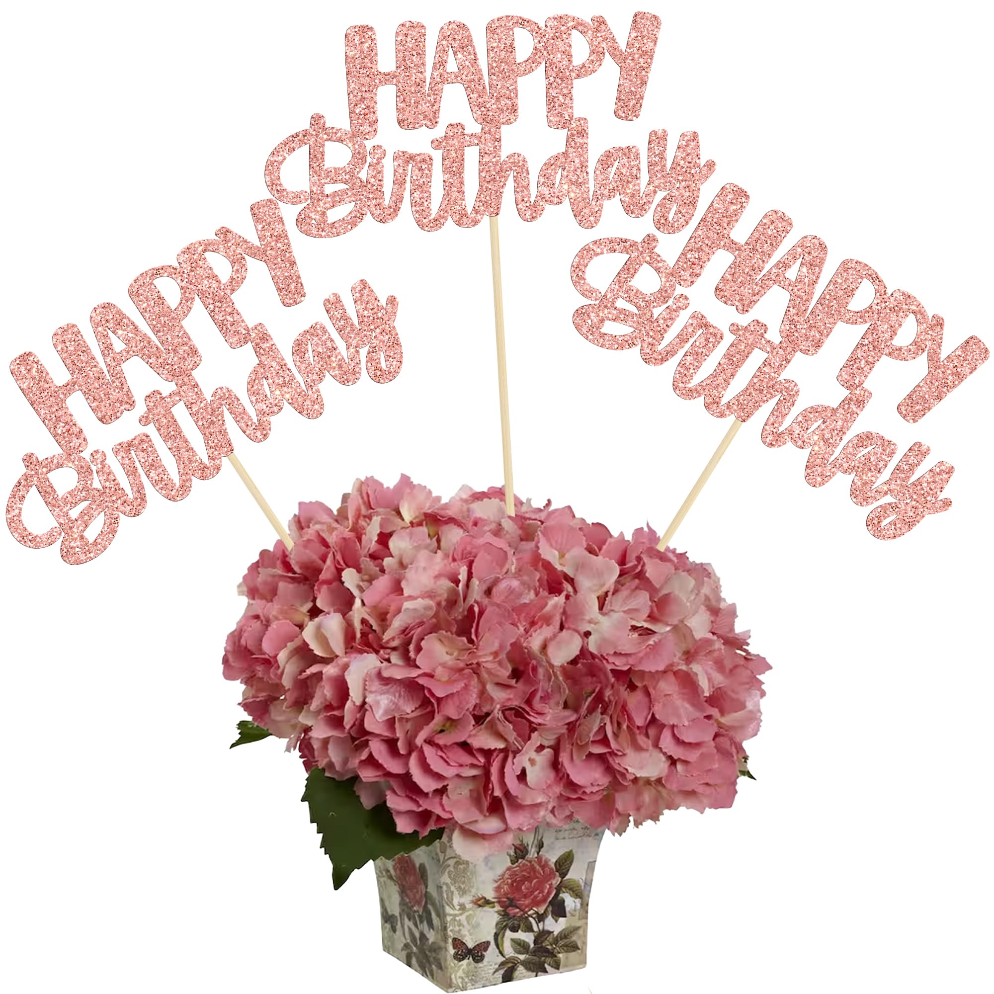 Gyufise 12Pcs Happy Birthday Centerpieces Sticks Double Sided Glitter Birthday Party Decorations Anniversary Table Flower Centerpiece for Celebrating Party Supplies Rose Gold
