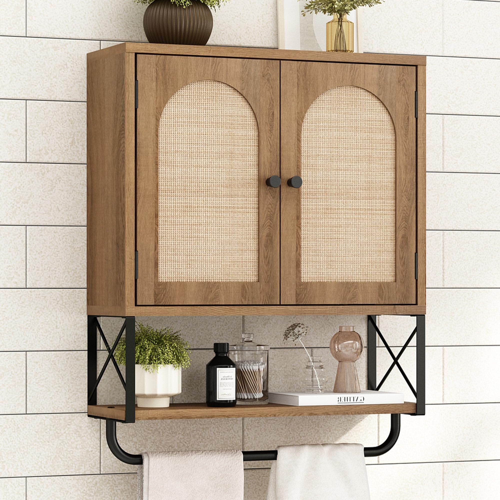 RUSTOWN Rattan Bathroom Wall Cabinet, Boho Over The Toilet Storage Cabinet with Arched Rattan Doors, Modern Medicine Cabinet with Adjustable Shelves &