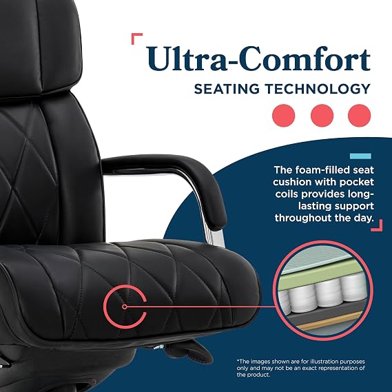 La-Z-Boy Symphony Executive Mid-Back Office Chair, Diamond Quilt Seat and Back, Pocket Coil Cushion, Padded Armrests, Ergonomic Computer DeskChair, Swivel Metal Base, Bonded Leather, Black/Chrome