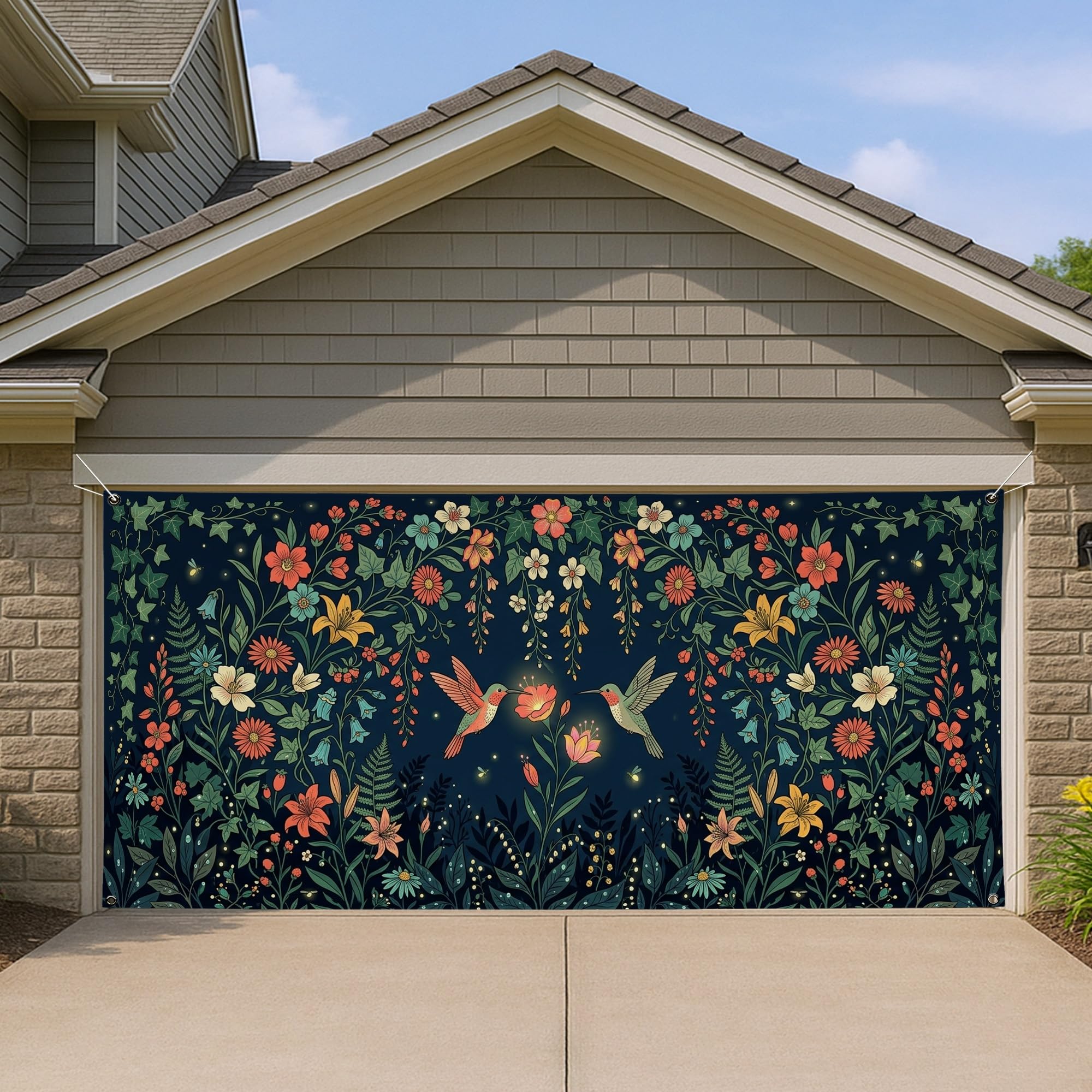 Housse de porte de garage déco jardin vintage et scène naturelle 397x180
