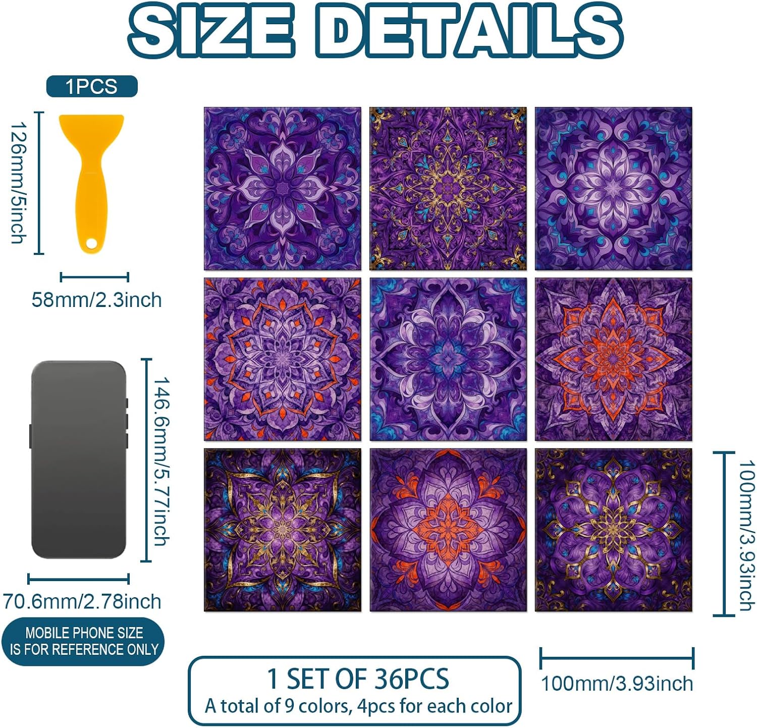 CHGCRAFT 36 Pcs 9 Style Secret Purple Tile Stickers Bohemian Pattern Peel and Stick Wall Tile Stickers Waterproof Self Adhesive Stick on Tiles Decals for Kitchen Bathroom Wall Art Decor, 4×4 Inch
