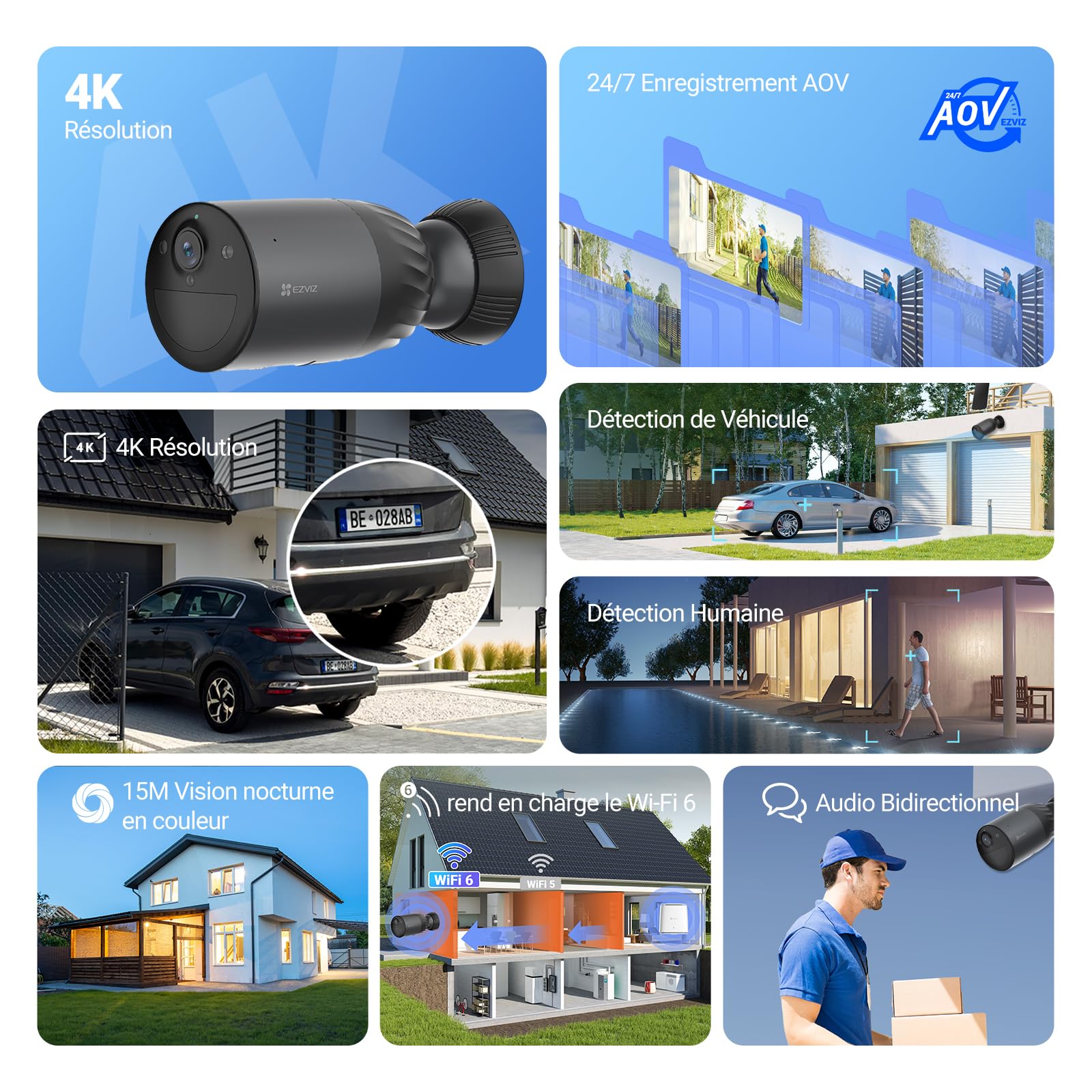EZVIZ BC1c 4K Telecamera Wi-Fi Esterno Senza Fili con Pannello Solare, Batteria 10400mAh, Rilevamento Umano/Veicoli, Audio Bidirezionale, Visione Notturna a Colori, Modalità Video Sempre Attiva, IP65