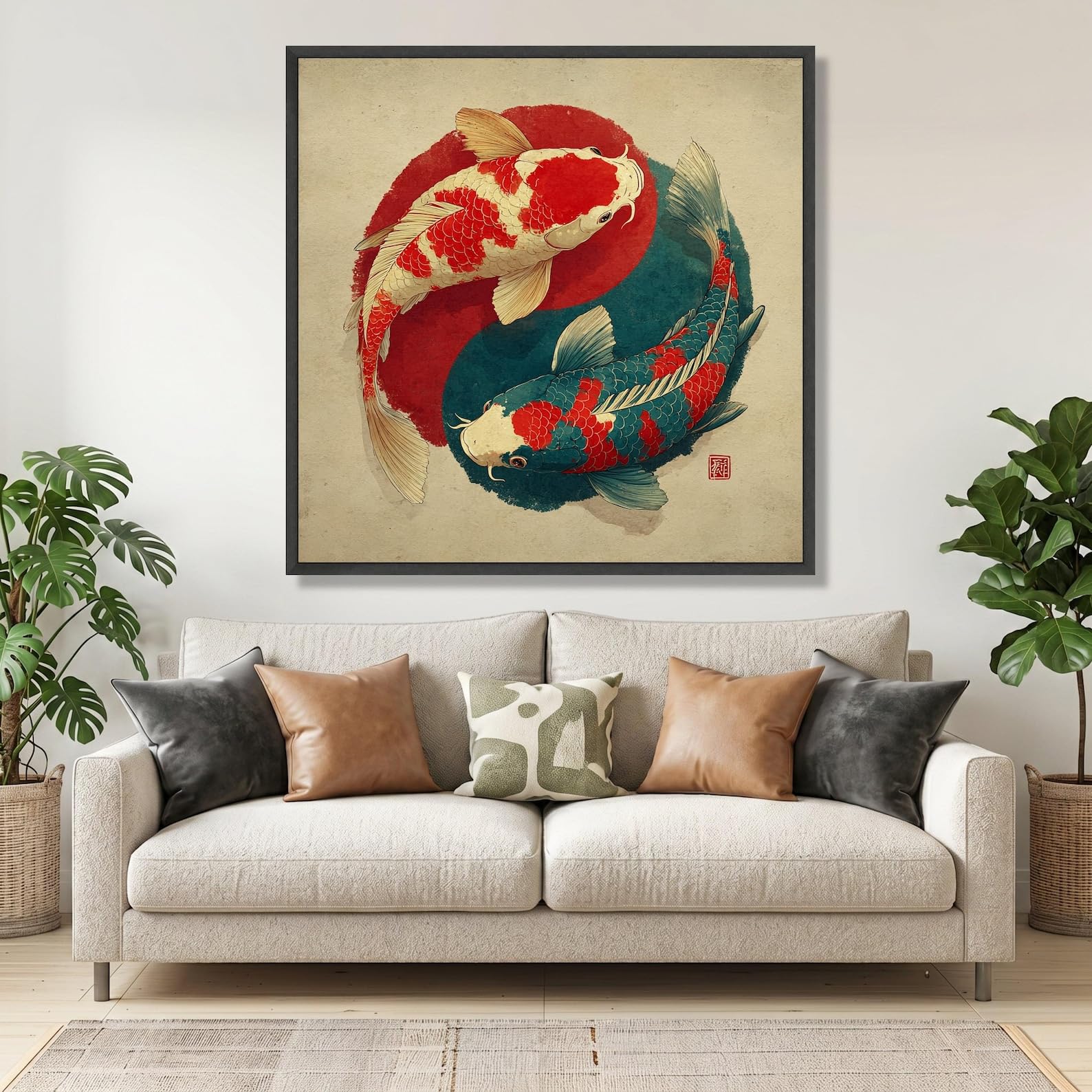 Caoxtart Men's Frameless Yin Yang Koi Fish Canvas Oil Painting, Japanese Watercolor Wall Art, Vintage Zen Decor Posters And Prints(20X20cm/Frameless)