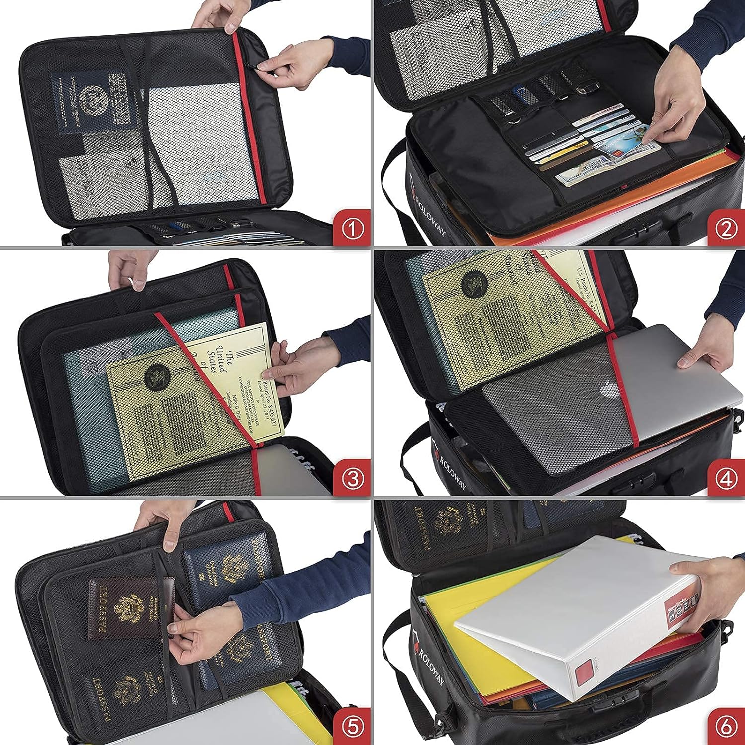 ROLOWAY Fireproof Document Bag (17 x 11.8 x 5 inch) Black with Combination Lock, Multi-Layer File Storage and Fireproof Money Bags (2-Pack)