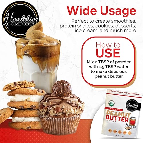 Miniatura 8 de Healthier Comforts Mantequilla de maní orgánica en polvo (100% cacahuetes)  Certificado orgánico, sin OMG, sin gluten, vegano, kosher, apto para