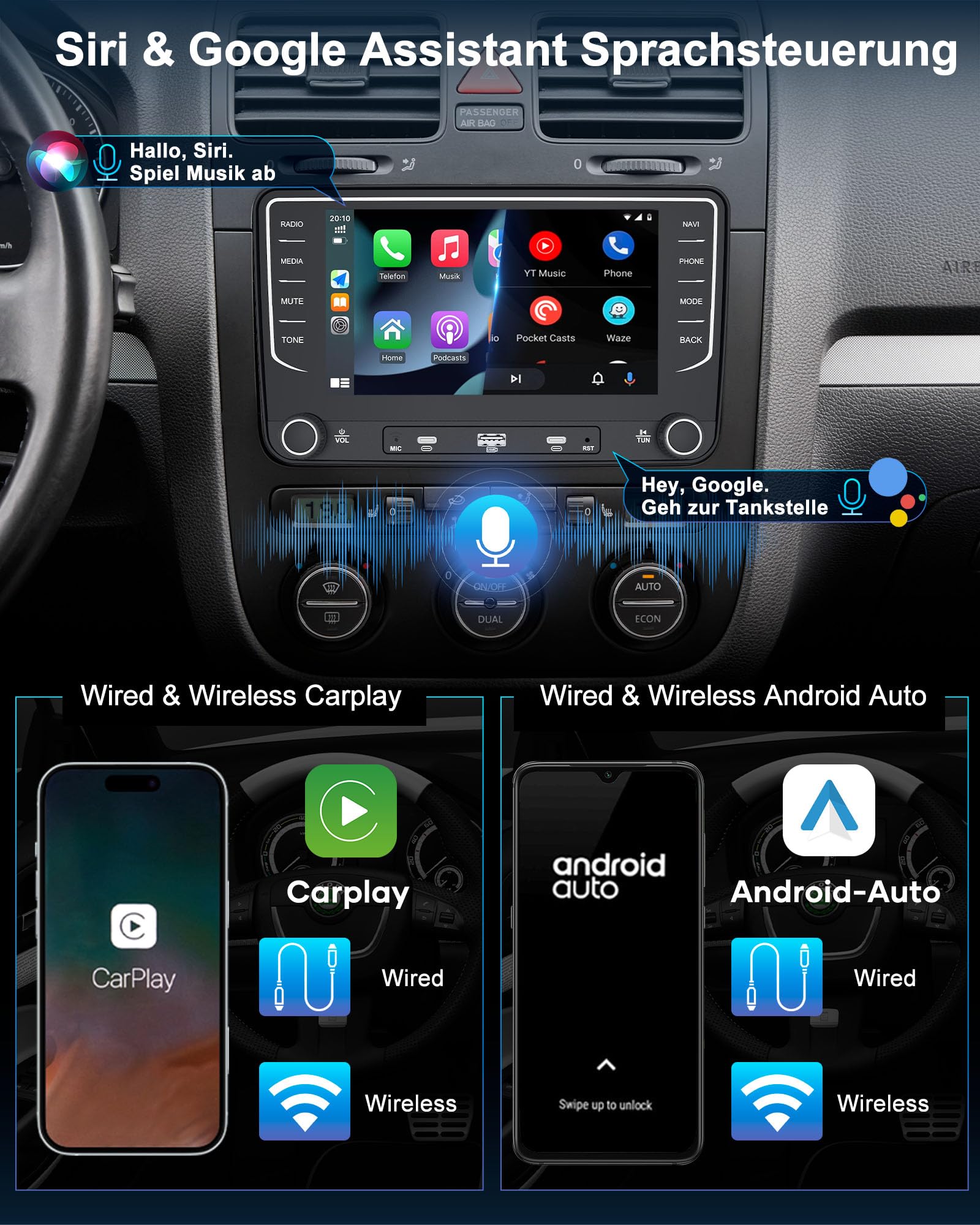 Autoradio mit Bildschirm Bluetooth 2+64GB für VW Golf 5 6 T5 Polo 6R Passat Caddy Seat Skoda, 2DIN 7 Zoll Auto Radio mit Navi DAB WLAN FM/AM, Apple Carplay, Android Auto, Lenkradsteuerung, Android 14