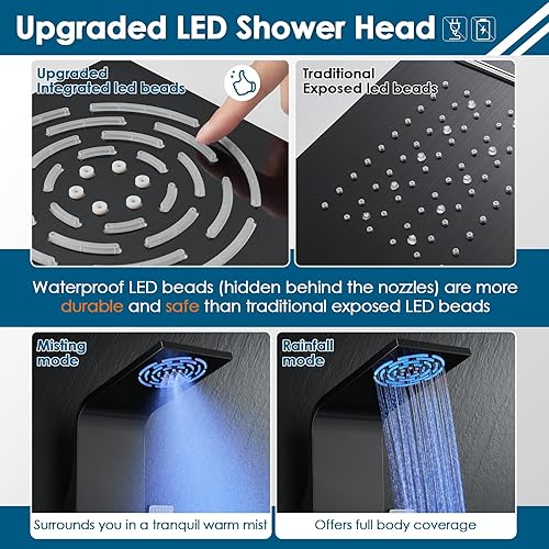 Miniatura 24 de ROVOGO Sistema de torre de panel de ducha, diseño unibody, ducha de niebla de lluvia, chorros corporales, boquilla de mano y bañera, no necesita