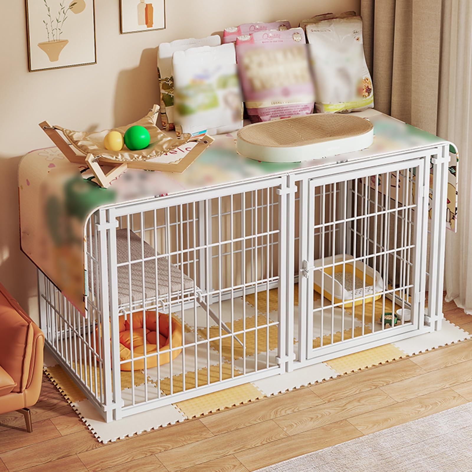 Recinto per Gatti da Interno in Filo Metallico Staccabili con Copertura Superiore, 120 * 60 * 70 cm Trasportino per Gatti Chiusi con Scala per Furetti, Cincillà, Conigli, Cani(White)