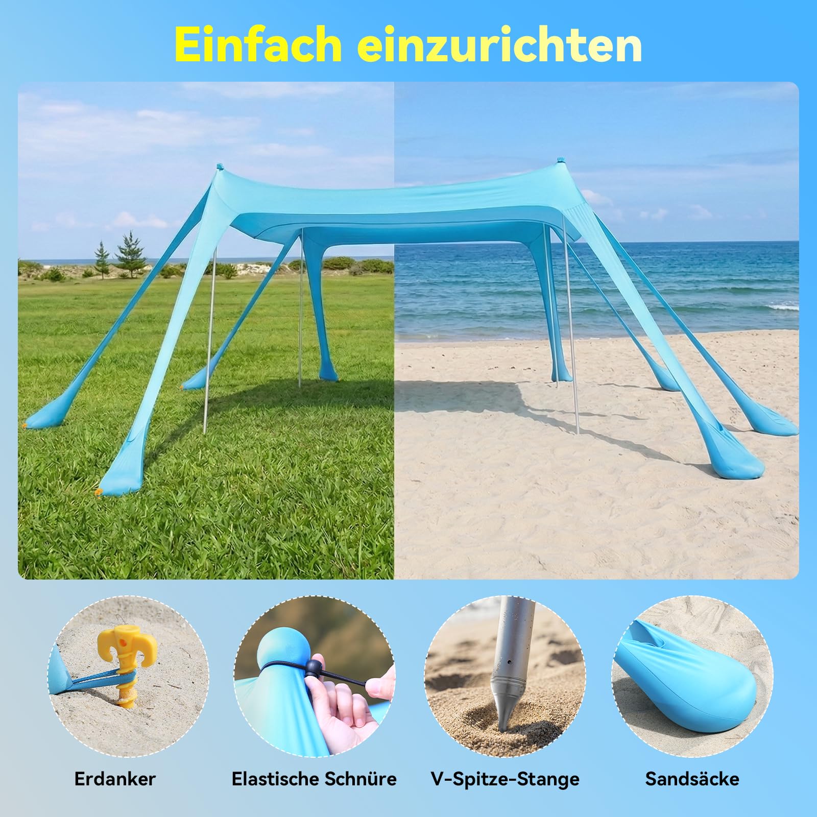 Purebox Strandzelt UPF 50+ Sonnenschutz 10x10FT mit 8 Sandsäcken für Strand Camping