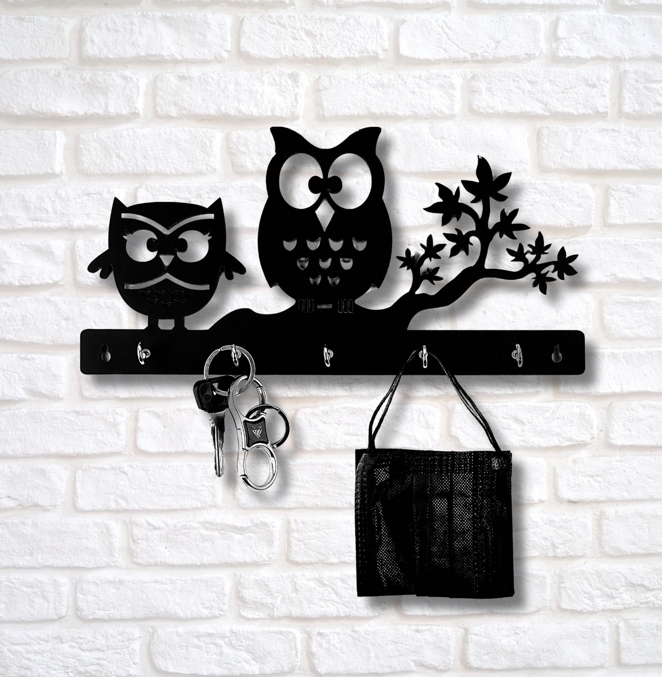 TWIGGY Wooden Wall Key Holder | Pre-Laminated Pine Wood Owls Design | Decorative Wall Organizer with Hooks for Keys, Bags & Accessories for Home, Office etc. (The Owls)