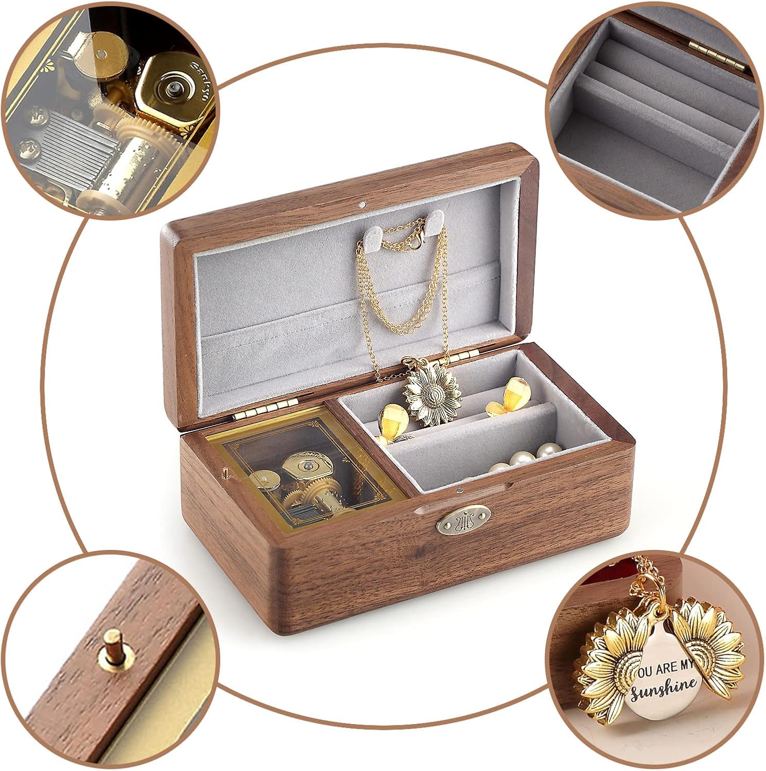 SOFTALK Vintage Jewelry Box Wind Up Musical Boxs Case for Gifts for Christmas Birthday and Valentine's Day (Walnut Wood, Tune : You are My Sunshine)