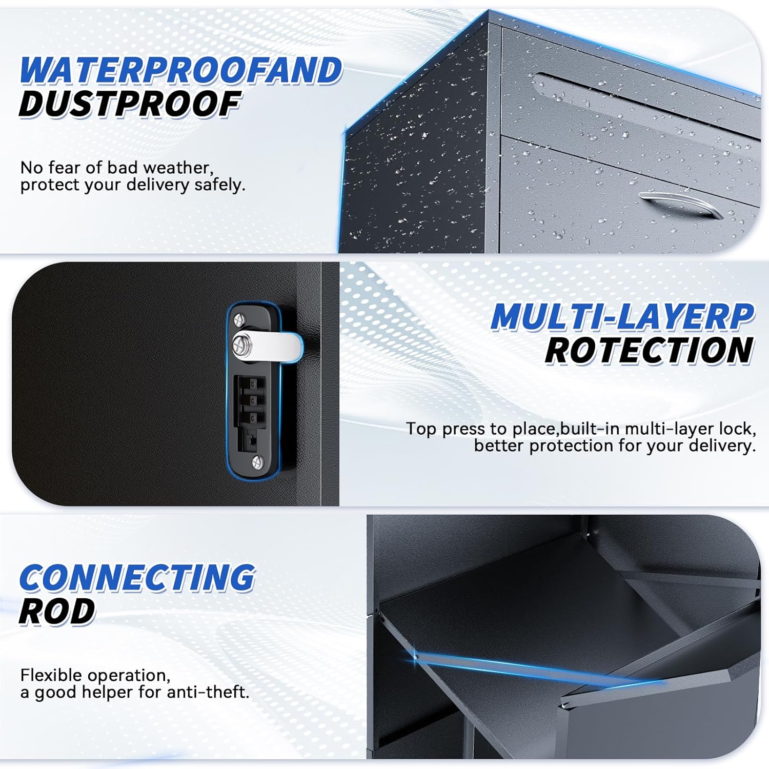 47.2" Package Delivery Box for Outside - Front-Back Black Metal Parcel Drop Box, Anti-Theft, IPX4 Waterproof, Weather-Resistant Mailbox for Porch, Fence, Curbside (Pass-Through Mailbox)