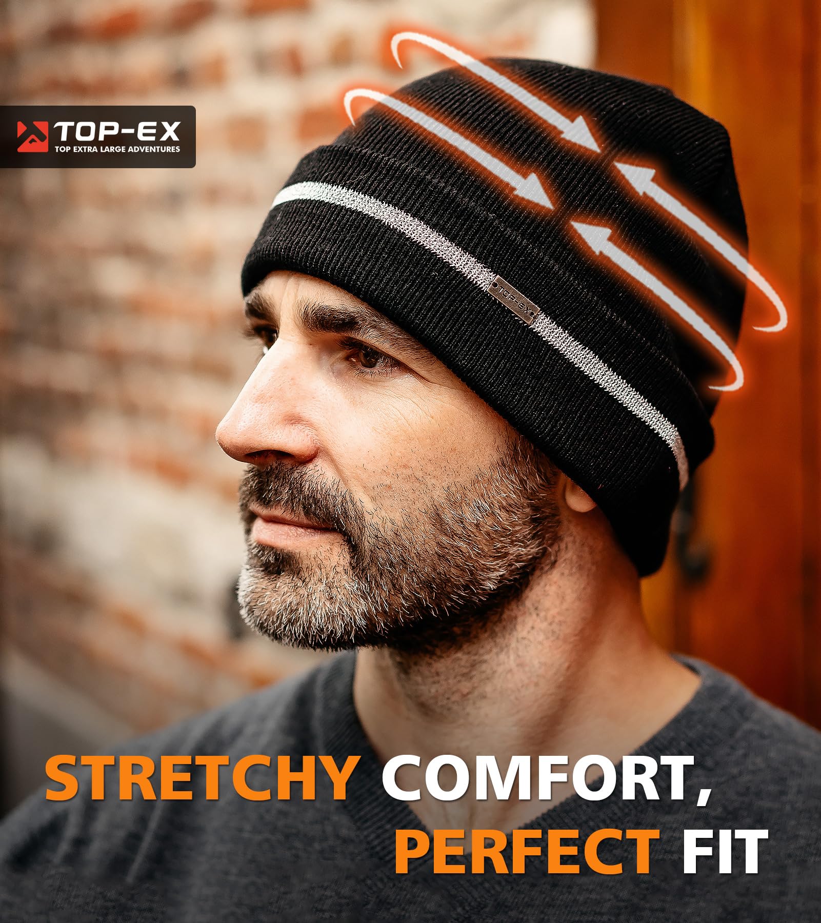 TOP-EX Gorro de lana merino 50 % para hombre y mujer, con rayas reflectantes, gorro térmico de lana para invierno, gorro de correr para deportes en clima frío, 56-65 cm