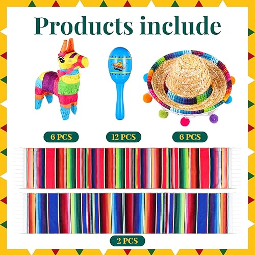 Miniatura 9 de Libima 26 piezas de decoración mexicana para fiestas, incluye 6 piñatas de burro, 12 maracas grandes para fiestas, 2 caminos de mesa de serape