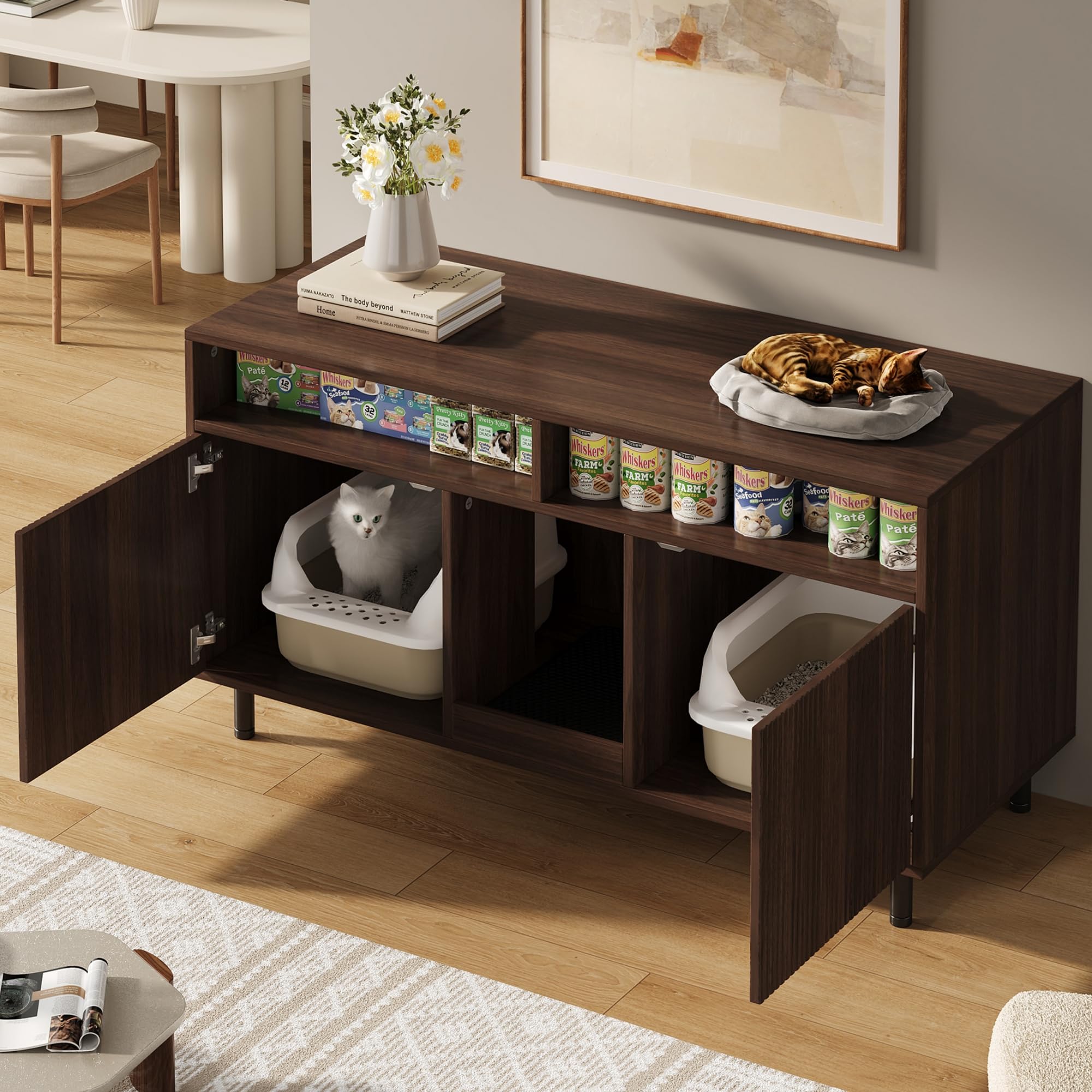 Katzentoiletten-Schrank/Katzenstreuwanne-Schrank mit Sandauffangmatte, Haustier-Schrank mit Ablage, Haustier-Sideboard/TV-Schrank, ohne Katzenstreuwanne, 120x50x66cm, Nussbaumfarbe