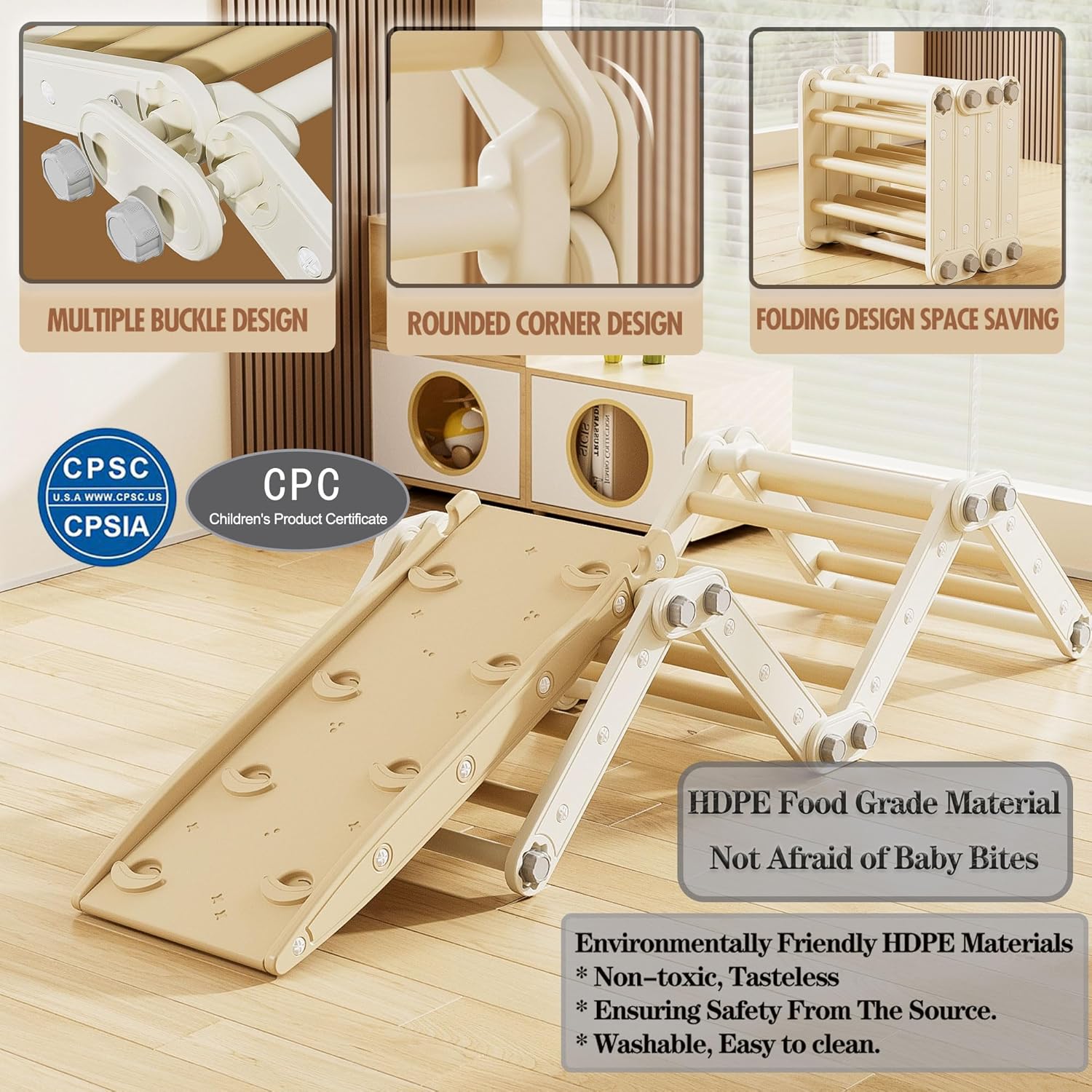 Montessori Climbing Set,Kids Pikler Triangle Set,Plastic Toddler Climbing Toys,Multifunction Foldable Indoor Kids Gym with Slide(Gray)