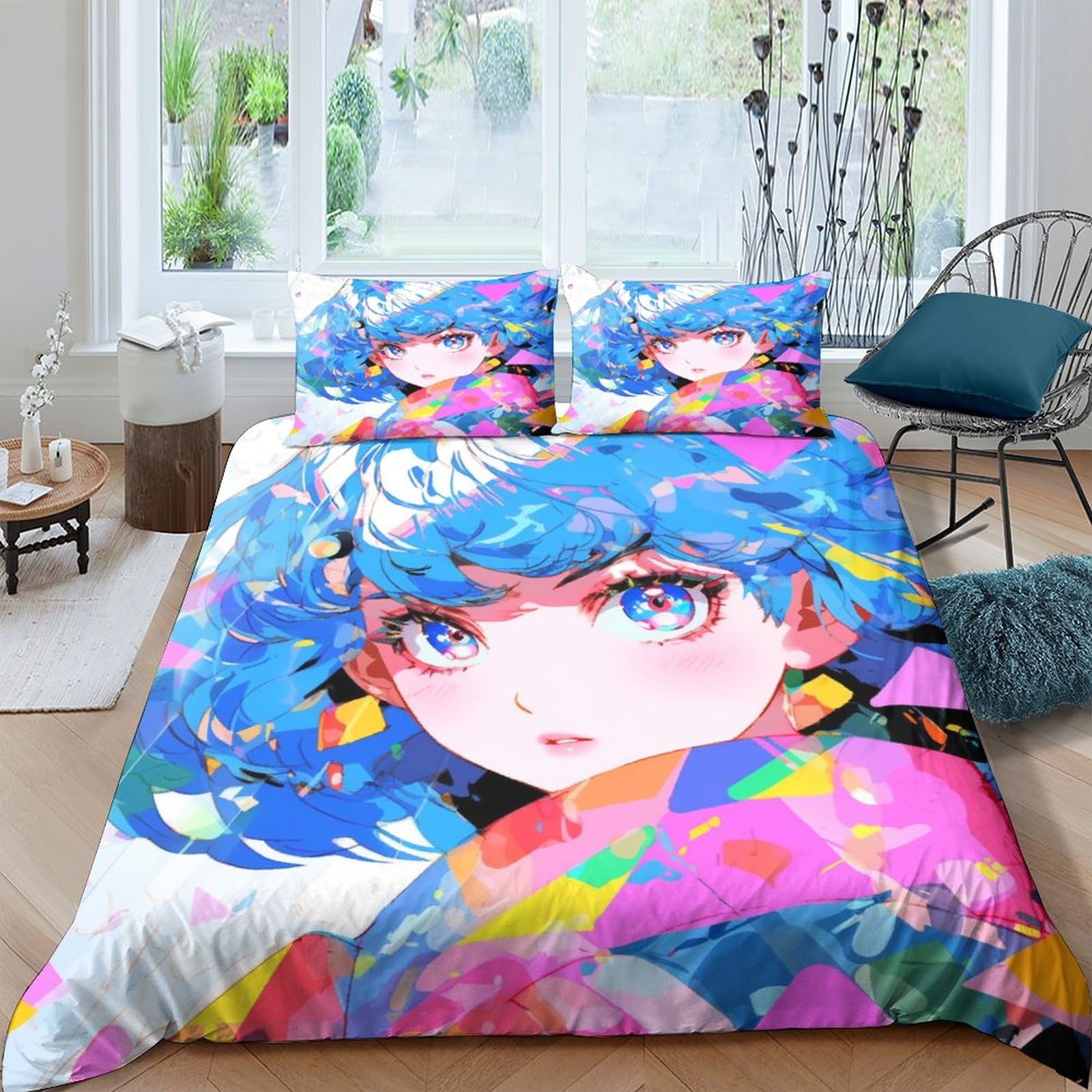 Parure de lit anime bleu en microfibre avec housse de couette et taie d'oreiller pour lit ado