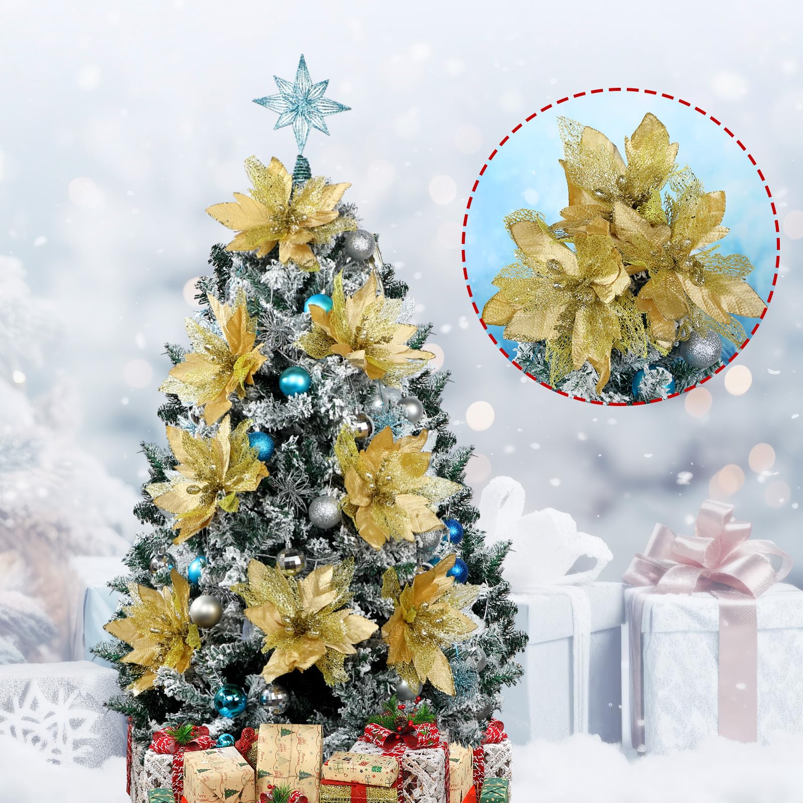 Riceshoot 8 piezas de flores artificiales de Pascua de Navidad, decoraciones de árbol de Navidad de tela decorada con purpurina con clips y tallos para corona de Navidad, adornos de fiesta de boda