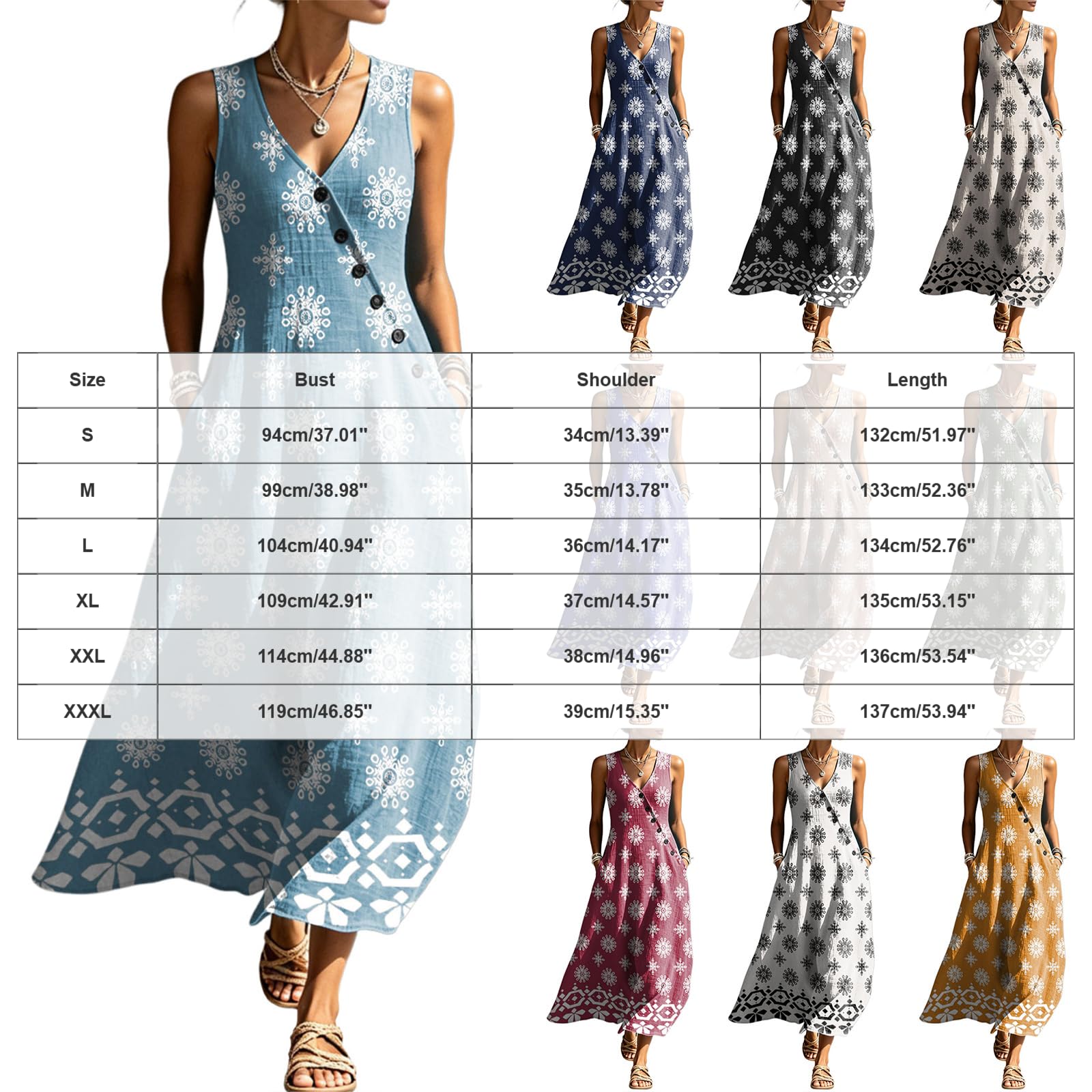 Generico Vestiti Estivi Donna Abito Estivo Donna Lungo Scollo a V con Stampa Casual Vestiti Senza Maniche Abiti Lunghi Cotton Comodo Morbido e Traspiranti Mare Vacanze Estive Spiaggia Tutte Occasioni