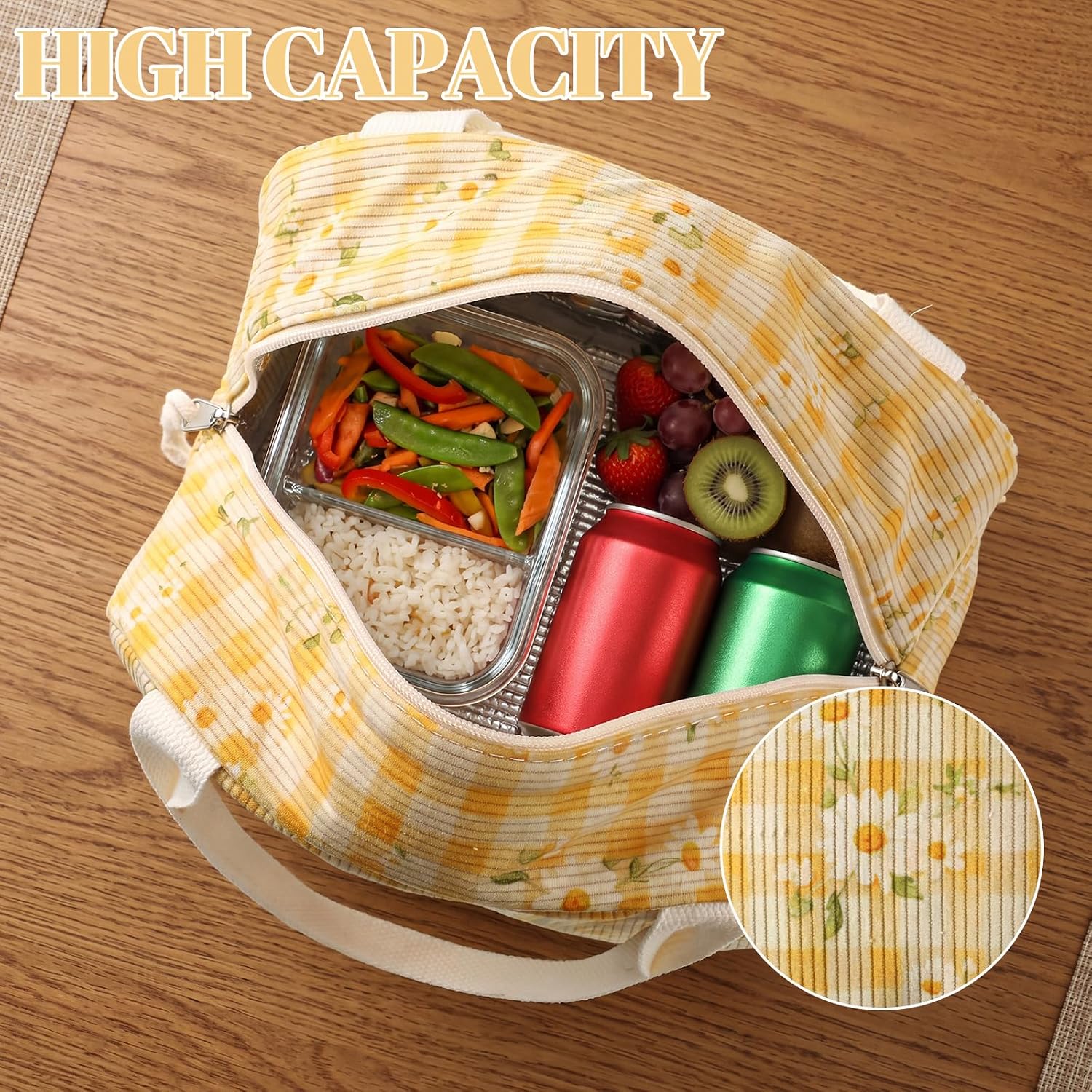 Dansydaisy Yellow Daisy Lunch Bag Cute Corduroy Insulated Lunch Box for Women Coquette Tote Bag Reusable Large Capacity Cooler Containers Preppy Stuff Gifts for Picnics Travel Outdoor image 3