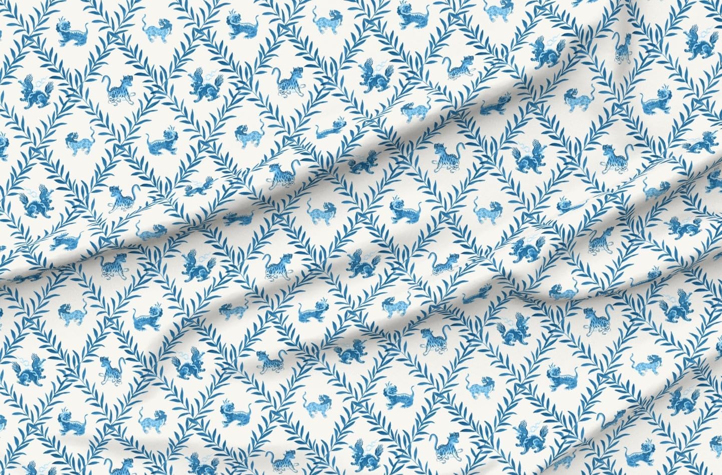 Spoonflower Fabric - Chinoiserie Blue Watercolor Trellis Chinese Animals Cream Vintage Printed on Petal Cotton Fabric Fat Quarter - Sewing Quilting Apparel Crafts Decor