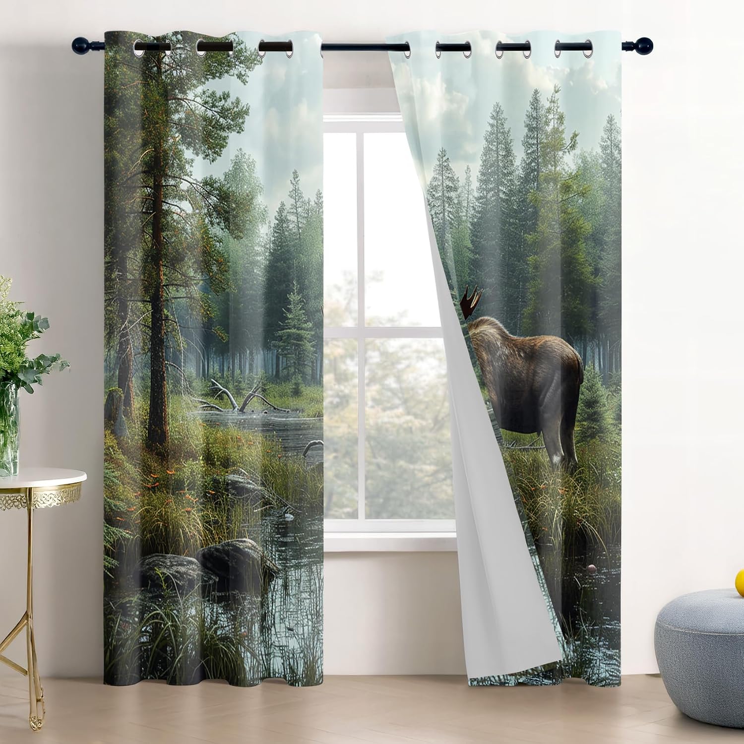 Moose Curtains 63 Inch Length - Wildlife Cabin Animal Forest Patterned Blackout Curtains for Living Room Bedroom, Room Darkening Grommet Drapes Window Treatments, 2 Panel Set