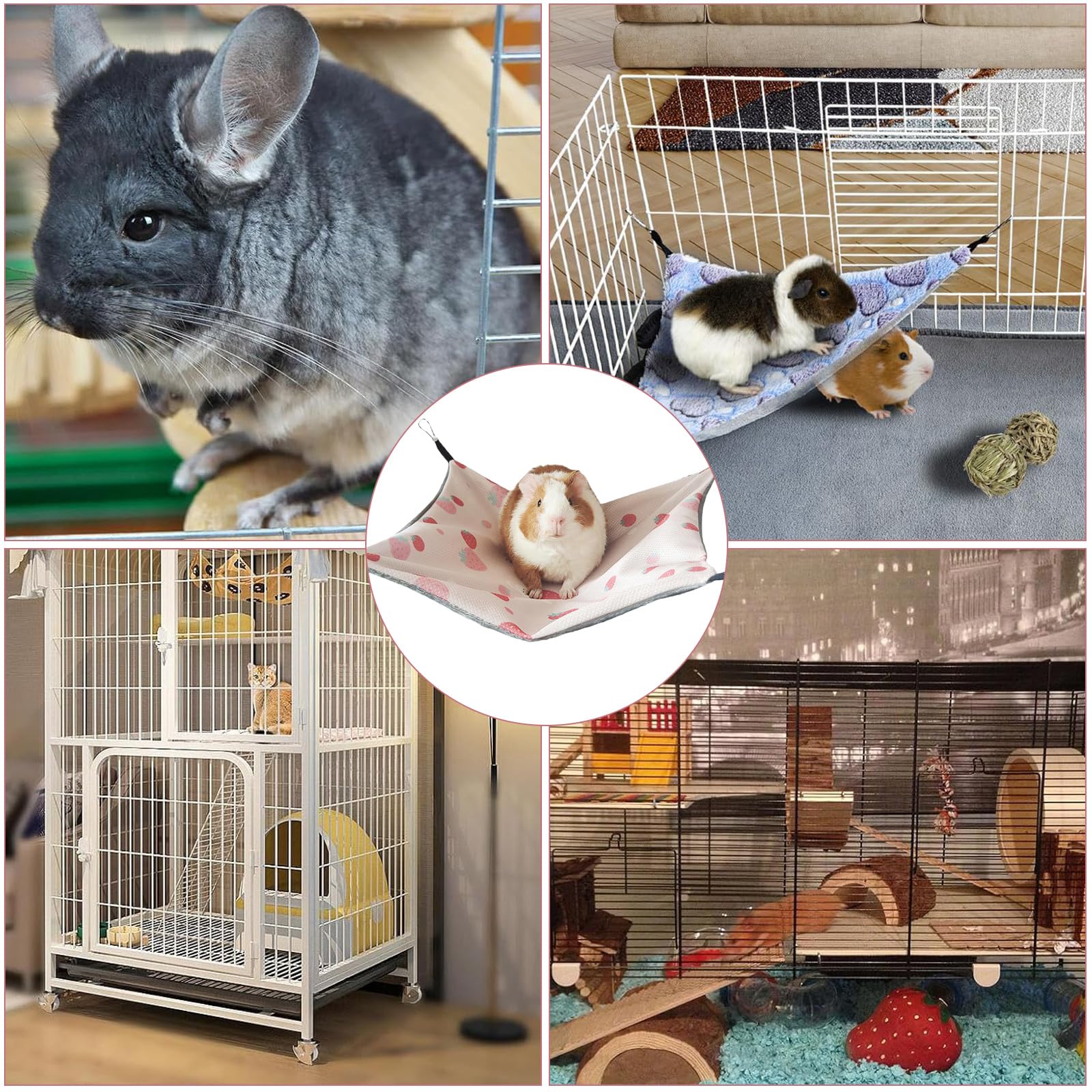 Hamac Cochon d'Inde Avocat Cousu Main 34CM x 34CM Cage Furet Réglable Librement pour Repos Jeu Sieste Cabane Lapin Conception Antidérapante pour Lapin Hamster Cochon d'Inde (Fraise Rose)