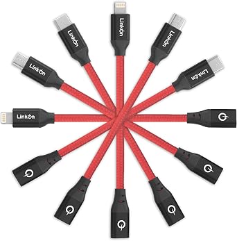 LinkOn 6 in 1 Universal USB Adapter Set with 4"/10cm Cable Multi-Port Charging & Data Sync Converter Compatible with iPhone, iPad, Type-C and Micro USB Devices Red/Black