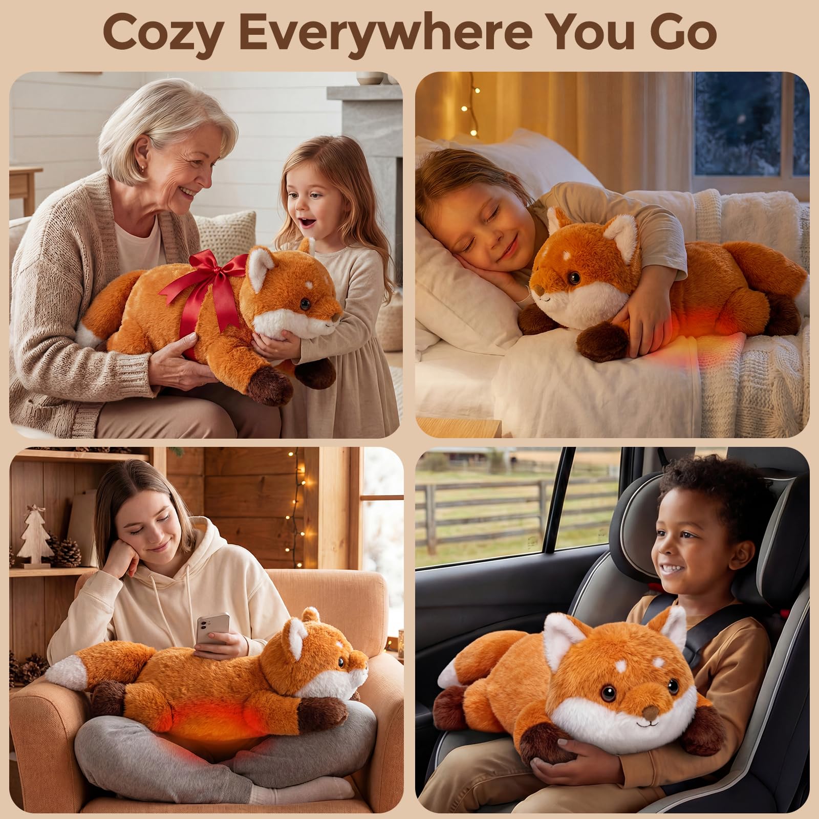 Mewaii Peluche de Zorro con Peso 2-5 LB, 23", Calentable y Enfriable, Apto para Microondas, Almohadilla Interior Extraíble y Ajustable, Regalo Suave para Adultos y Niños, Rojo