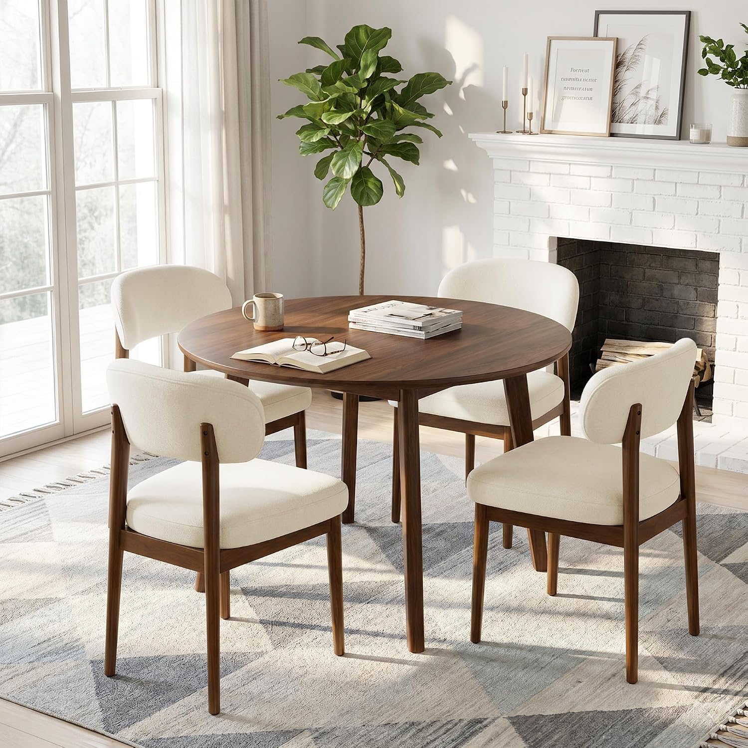 Wooden Dining Room Chairs Set of 4, Farmhouse Dining Chair for Kitchen, Cream