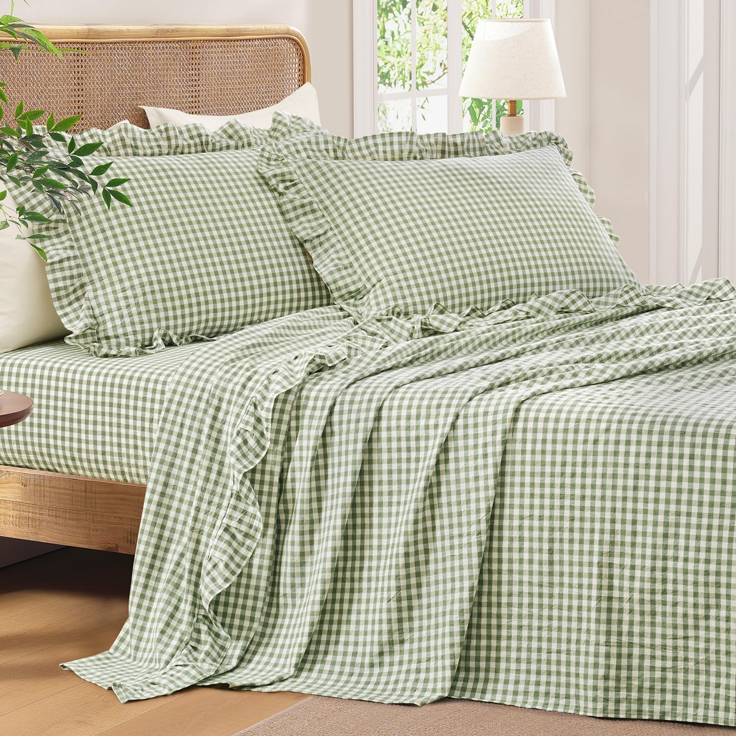 Andency Sage Green King Size Cotton Gingham Sheets Set, Soft Breathable 100% Washed Cotton Plaid Ruffle Light Green Sheet for King Size Bed, 4 Pieces Classic Aesthetic Shabby Chic Room Decor Bedding