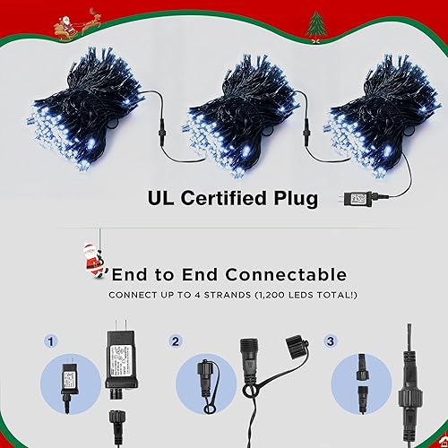 Miniatura 4 de BlcTec Tira de luces de Navidad para interiores y exteriores, 300 luces LED de 108 pies con 8 modos, enchufe conectable, impermeable, certificación