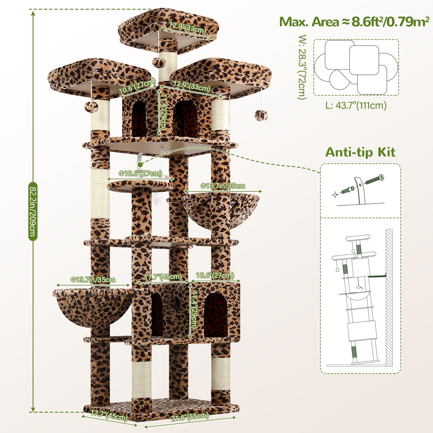 Globlazer F82 Kratzbaum XXL 209cm Luxus Schloss für Große Katzen, Leoparden | Katzenbaum Stabil über 2 Meter mit 3 Sitzstangen, 2 Katzenhaus, 2 Korb Plattform, Aktivitätskratzbäume für 2/3/4 Katzen Innen