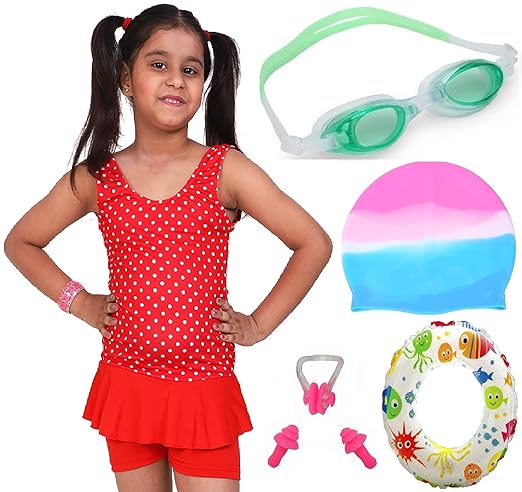 THE MORNING PLAY Swimming Costume for Girls with Goggles Cap 2 EARPLUG Nose Clip Swim Ring Baby Girls Swimming Kit
