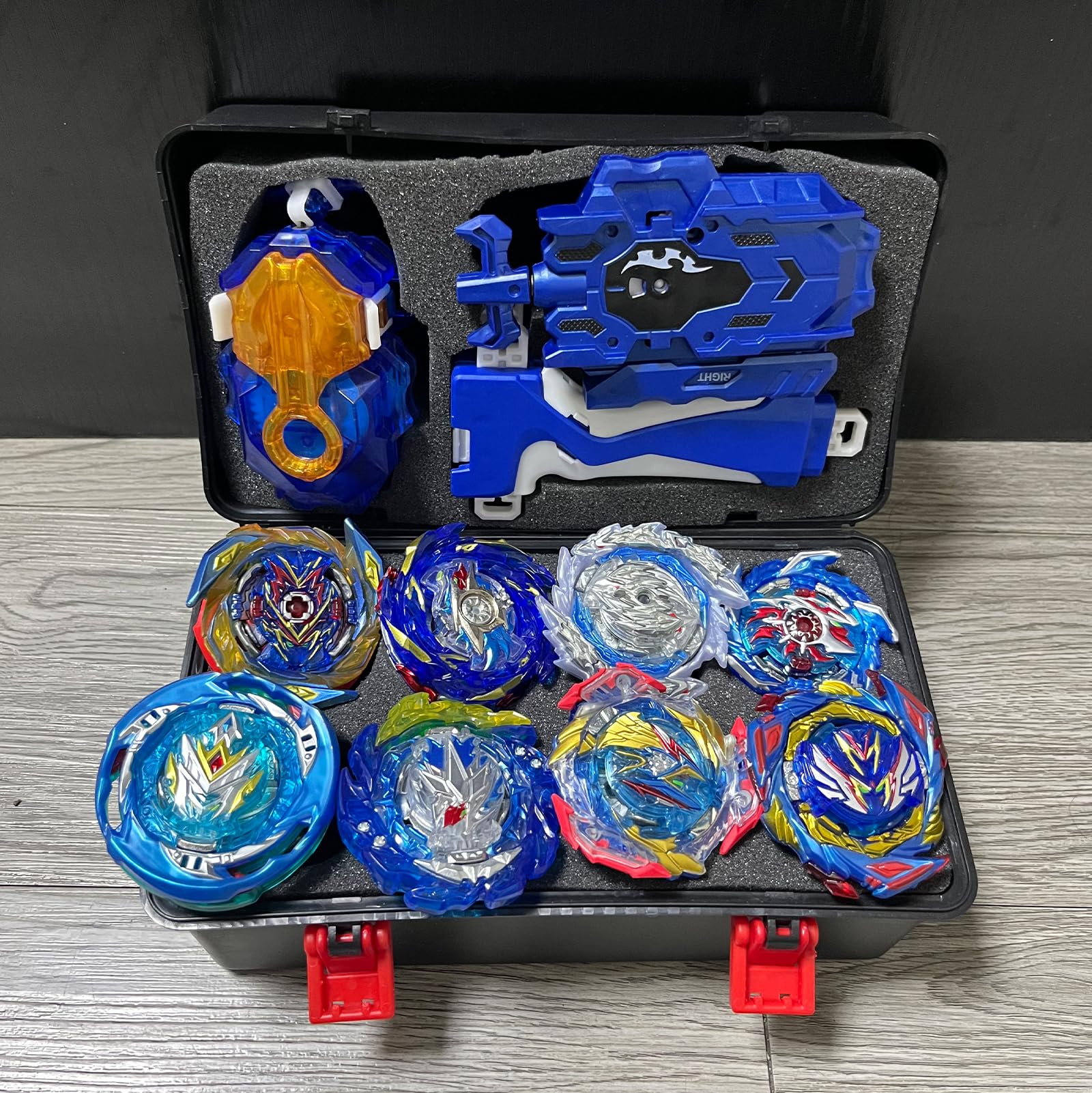 8pcs Peonzas Turbo Punta Giratoria Juego de Regalo 4D con Giroscopio y Lanzador，Blue