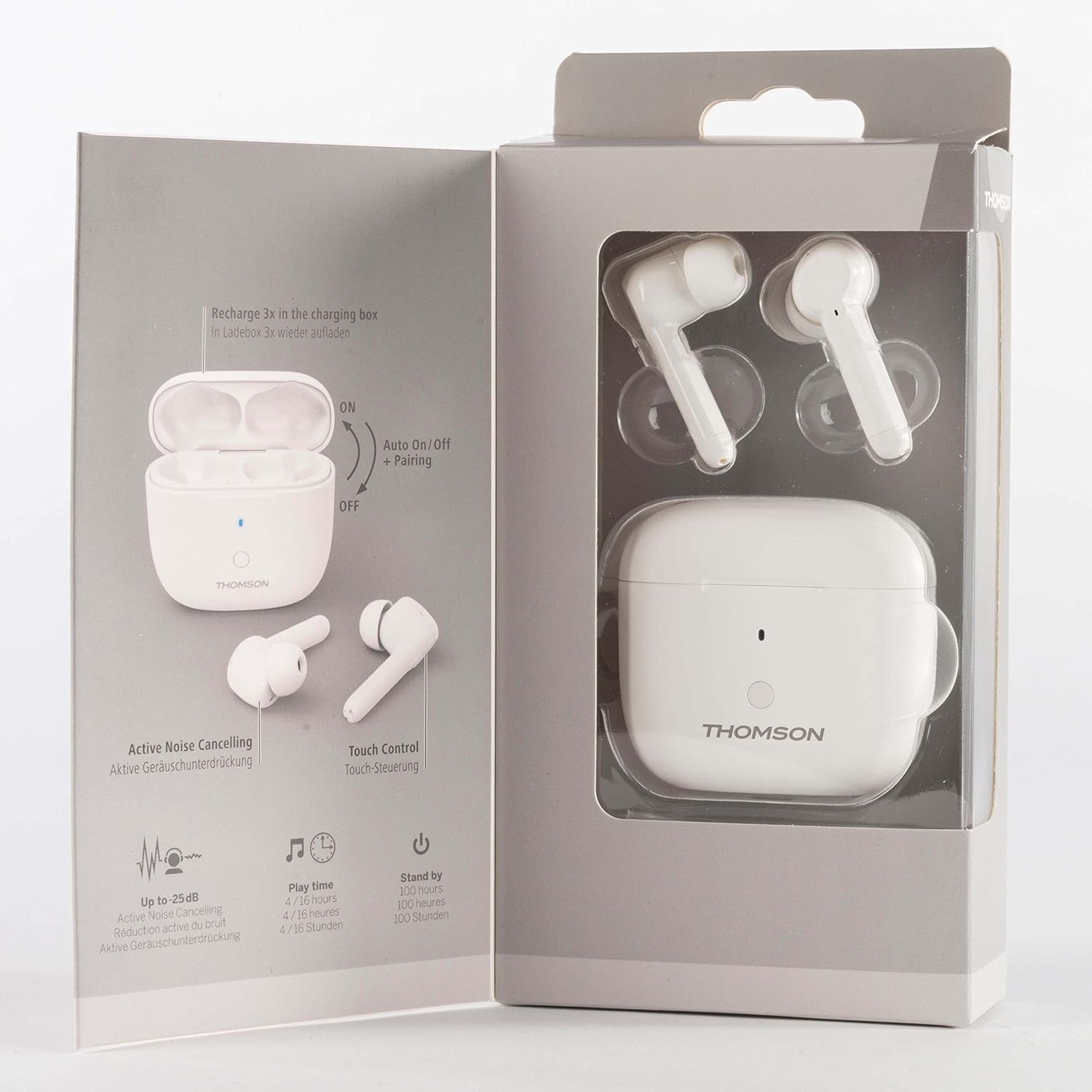 Retail packaging of THOMSON WEAR7811W earbuds highlighting features like Active Noise Cancelling, Bluetooth 5.1, Play time, and Touch Control.