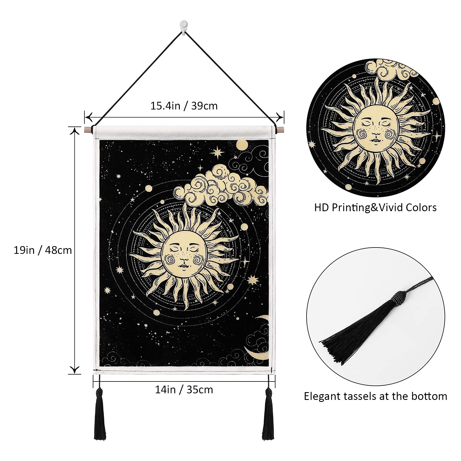 Betylifoy Confezione da 2 Arazzi da Parete con Luna e Sole con Nappe Tarocchi Neri Arazzo da Appendere a Parete Decorazione da Parete per Camera da Letto con Nuvole di Stelle della Boemia (Sole)