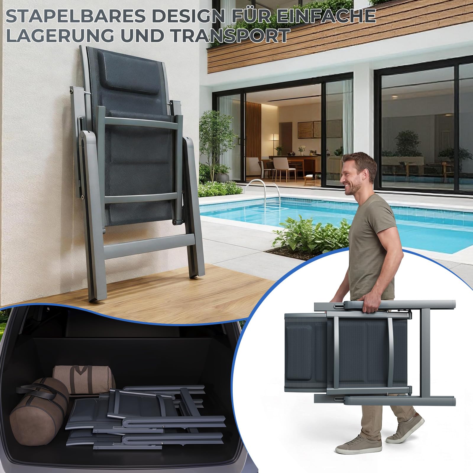 TRIUMPHKEY Aluminium Gartenmöbel 6+1, Gartenmöbel Set mit 1 189 cm PS Gartentisch und 6 klappstuhl, mit Verstellbarer Rückenlehne, Wetterfeste Terrassenmöbel, für Garten Terrasse Balkon, Dunkelgrau