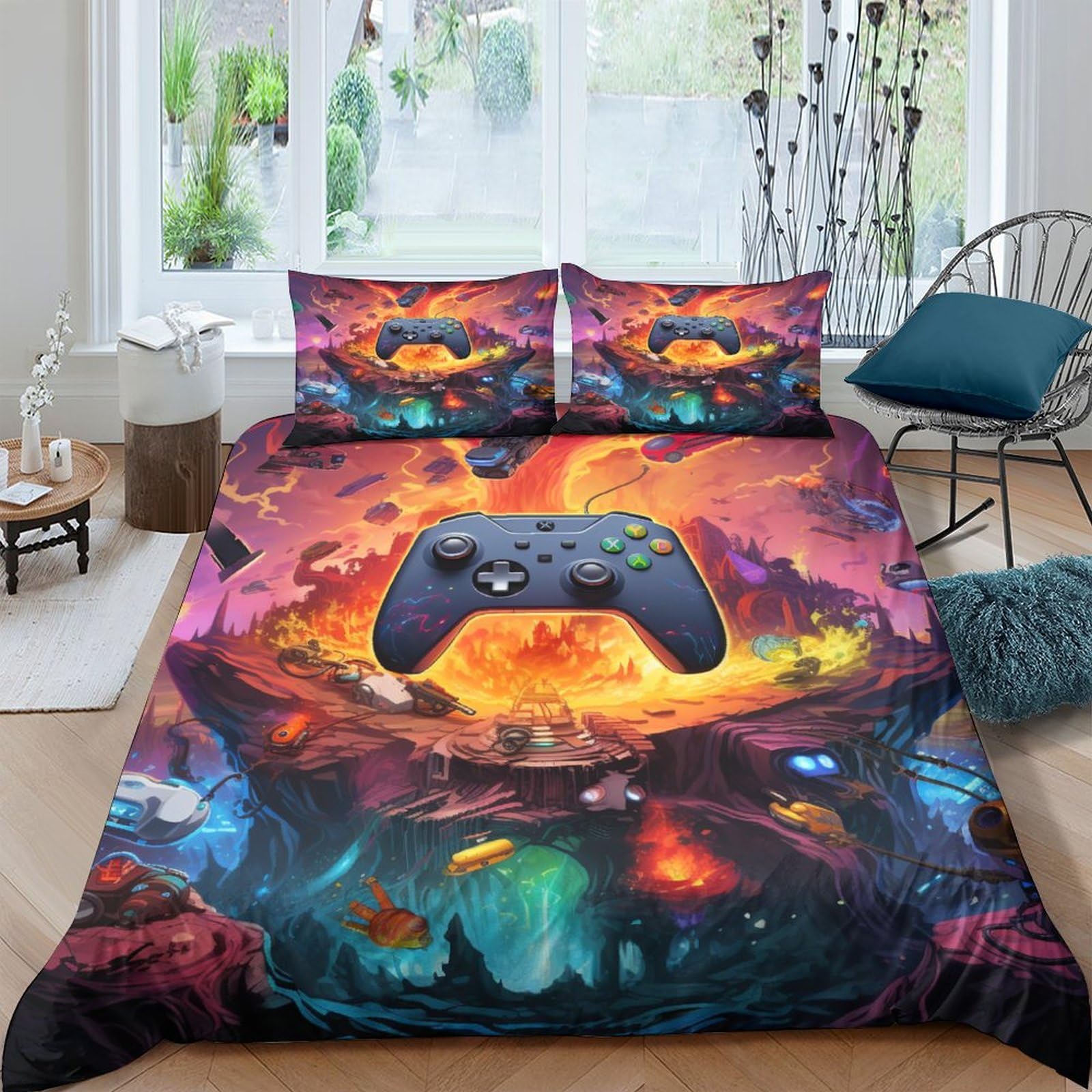 Housse de couette volcan imprimé 3D parure de lit microfibre avec fermeture éclair dissimulée