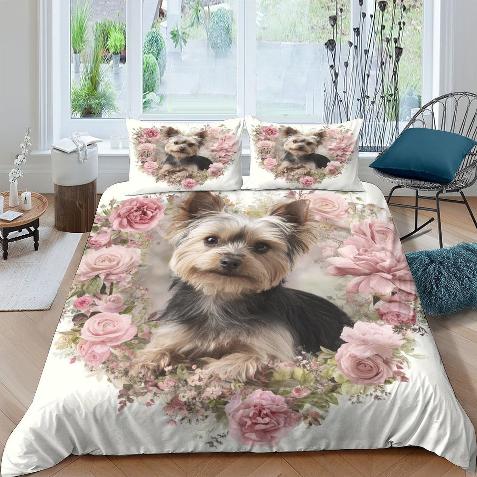 Ctjqhvkz Style-1 3D Printed Yorkshire Terrier Fitted Sheet Microfiber Floral Bed Cover For Bedroom Guest Room Mattress Decor Single（135X200cm）