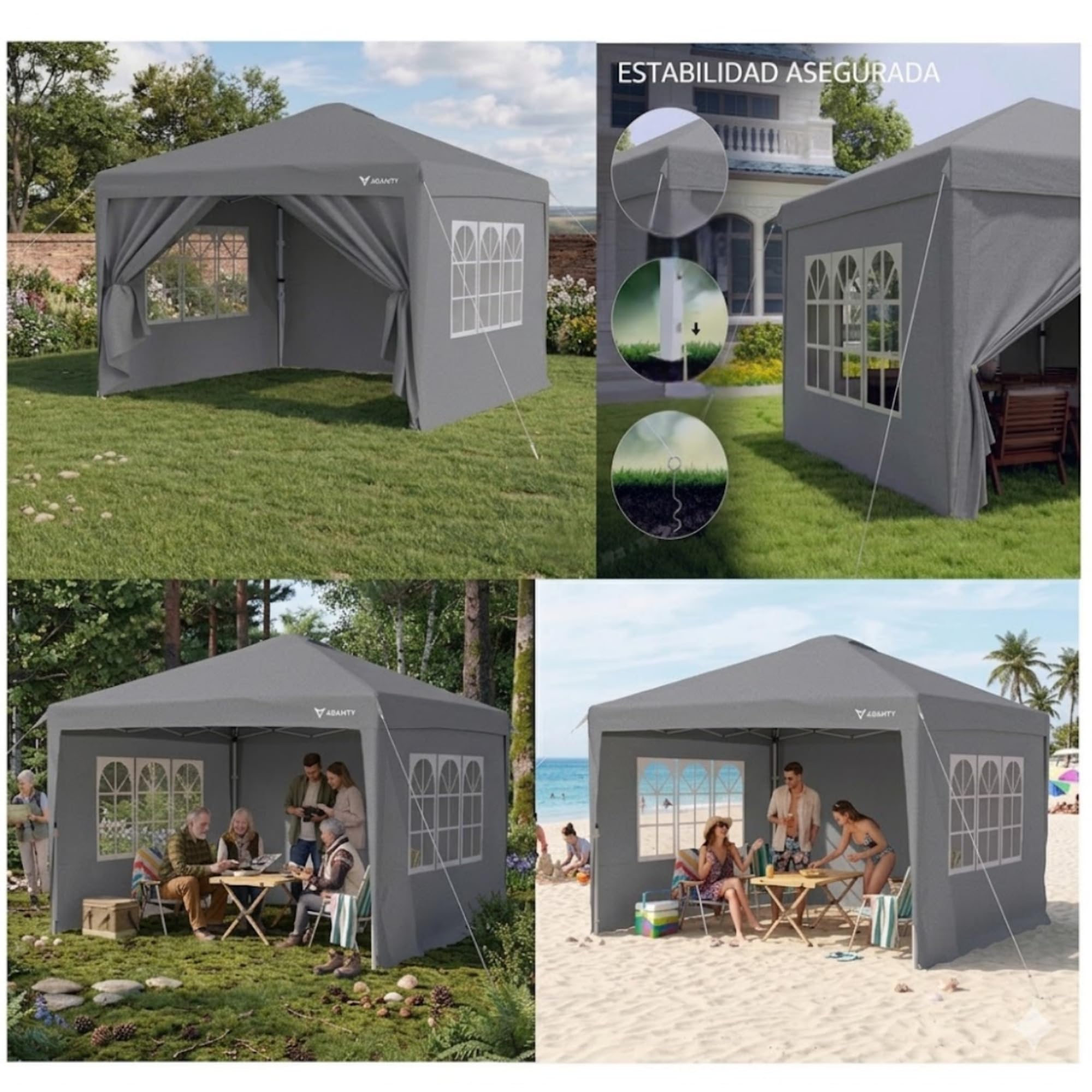 Lot de 2 tonnelles Pliantes 3 x 3 m Grises – 4 parois avec fenêtres et Porte, Toile Oxford 210D imperméable et Anti-UV, Structure en Acier – Sac et kit de Fixation Inclus