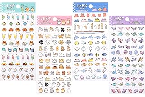 Pixelated Japanese Scrapbook Stickers Sheets: Drinks,Food,Dogs,Cats,Dinosaurs,Fish,Mini Animal,Small Washi Stickers for Journaling-Scrapbook Supplies.