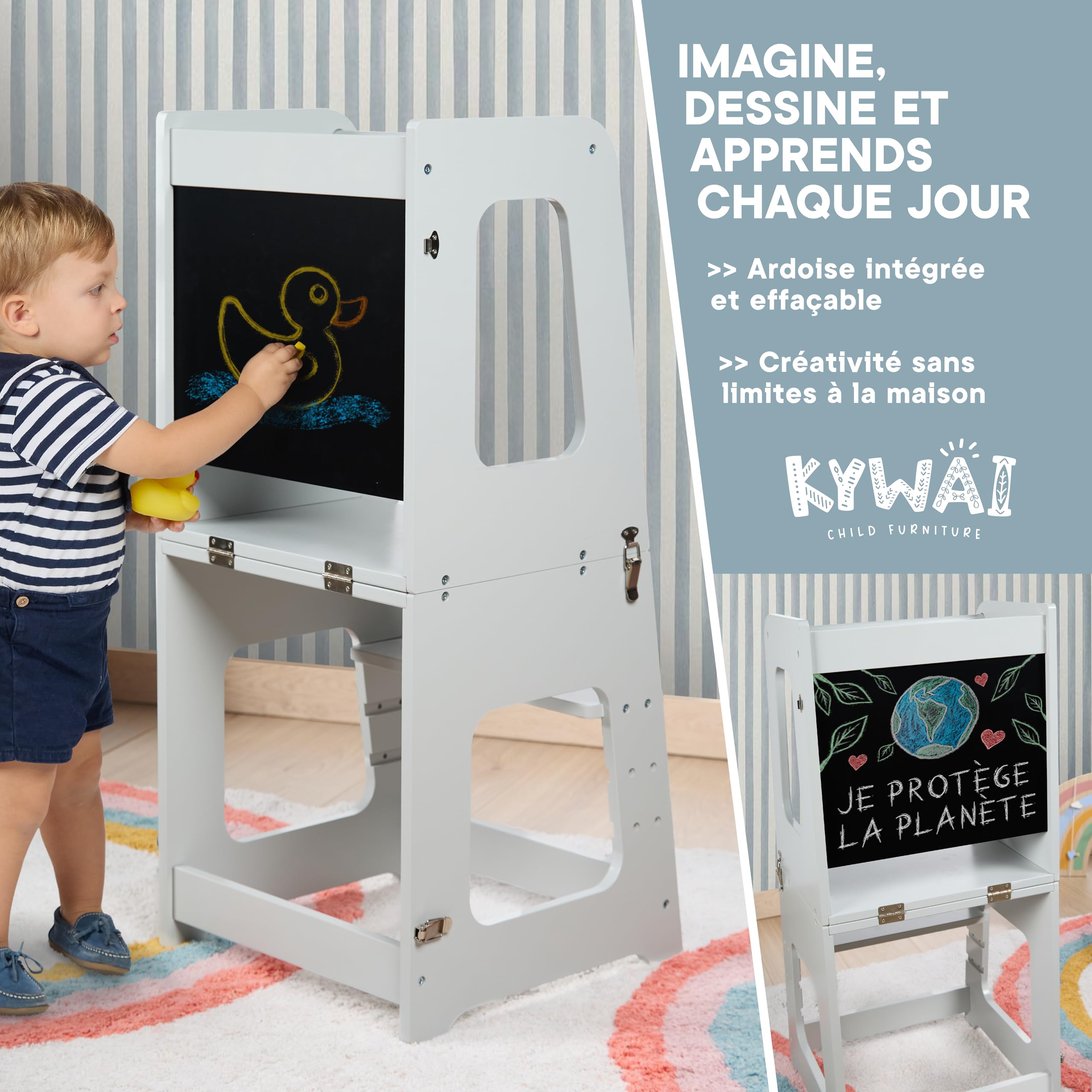 Tour d Observation Enfant en Bois Convertible en Bureau et Tabouret - Tour d'Observation Montessori avec Design Breveté, Fermetures de Sécurité, Finitions Haut de Gamme, Fonction 2-en-1 (Gris)