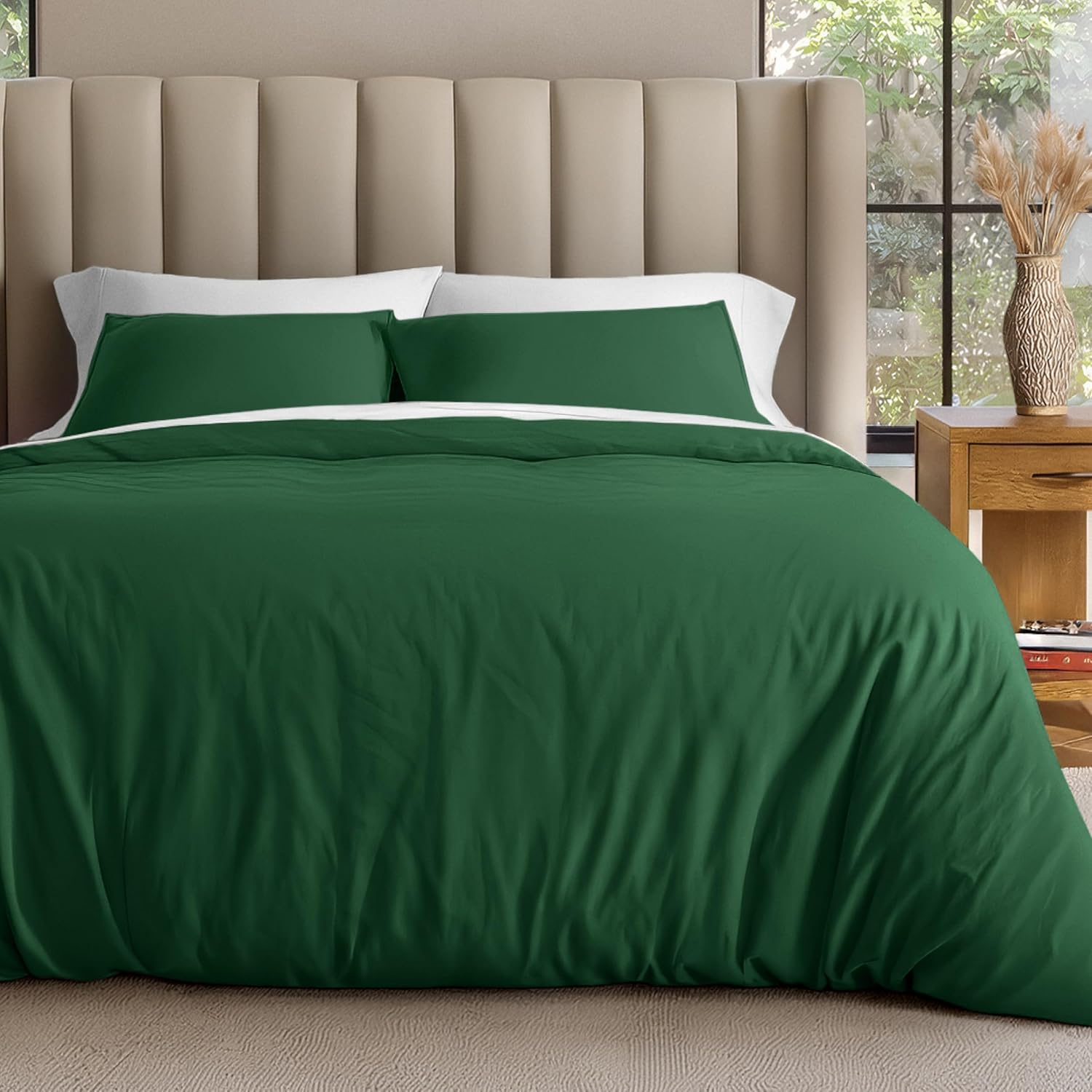 Bare Home 100% Organic Cotton Jersey Duvet Cover Set - Ultra Soft - 100% Cotton - 2pcs - Corner Ties - Button Closure - Bed Duvet Cover & Pillow Shams (Twin/Twin XL, Forest Green)