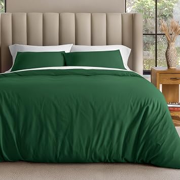 Bare Home 100% Organic Cotton Jersey Duvet Cover Set - Cal King Size - Ultra Soft - 3pc - Corner Ties - Button Closure - Bed Duvet Cover & Pillow Shams Cal King, Forest Green